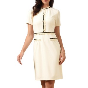 INSPIRE CHIC Women's Short Sleeve Crew Neck Pearls Decro Business Work Sheath Midi Dresses - 1 of 4