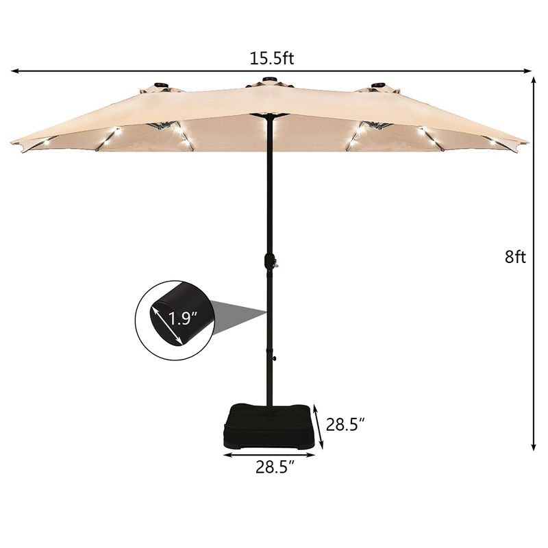 Costway 15Ft Patio Double-Sided Solar LED Market Umbrella Crank Base Beige/Tan/Orange/Burgundy/Grey, 3 of 11