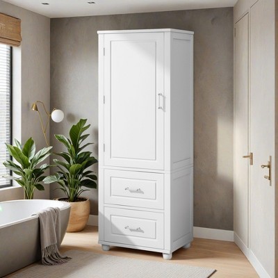 Tall Bathroom Storage Cabinet, Freestanding Storage Cabinet with Two Drawers and Adjustable Shelf, MDF Board with Painted Finish - Leovsnove