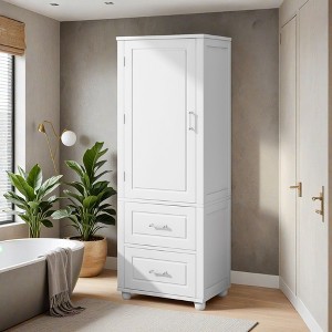 Tall Bathroom Storage Cabinet, Freestanding Storage Cabinet with Two Drawers and Adjustable Shelf, MDF Board with Painted Finish - Leovsnove - 1 of 4