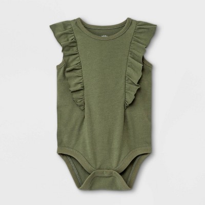 Image of Baby Girls' Ruffle Short Sleeve Bodysuit - Cat & Jack™ Olive Green 6-9M