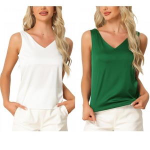 INSPIRE CHIC Women's 2 Pcs Tank Top Silky Satin Casual Basic V Neck Sleeveless Camisole - 1 of 4