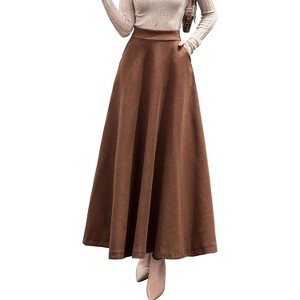 Women's Wool A-Line Maxi Skirt - Fall Winter Swing Pleated Long Skater Skirt Pocket-brown - 1 of 4