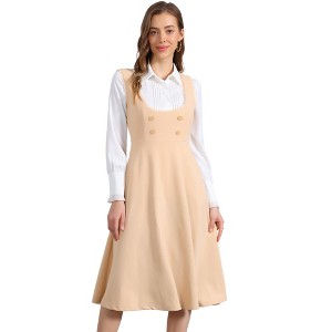 INSPIRE CHIC Women's Lace Trim Button Decor Overalls Midi Pinafore Dress with Pockets - 1 of 4