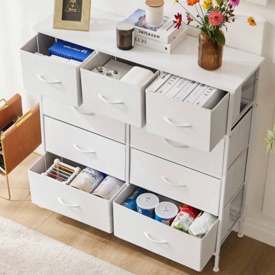 SKRAN 9-Drawer Dresser, Fabric Storage Tower For Bedroom, Closet, Tall Chest Organizer Unit With Fabric Bins, Steel Frame, Wood Top,Pull Handle