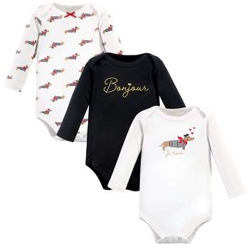 Hudson Baby Infant Girl Cotton Long-Sleeve Bodysuits, Bonjour Dachshund