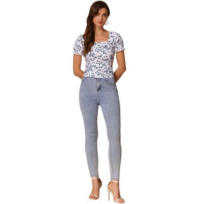 INSPIRE CHIC Women's Ruched Front Short Sleeve Floral Cropped Tops