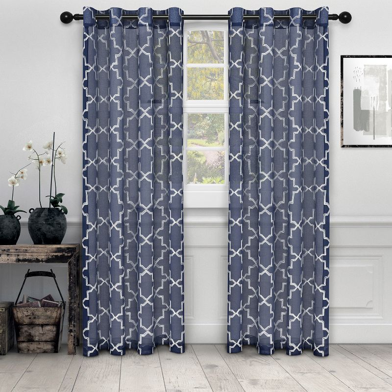Decorative Quatrefoil Embroidered Sheer Curtain Set with 2 Panels and Rod Pockets by Blue Nile Mills, 1 of 5