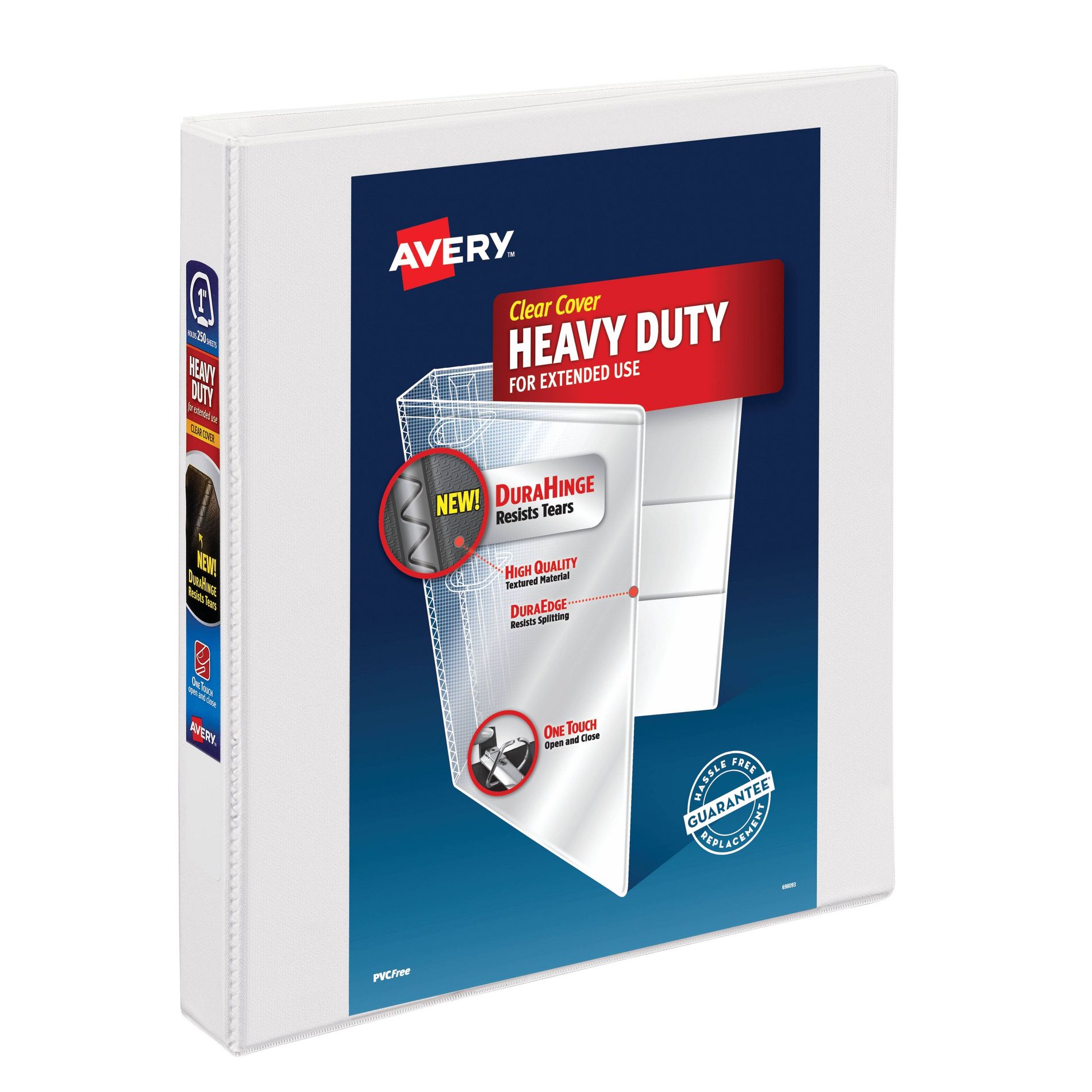 Avery 1" Ring Binder, Heavy Duty with Clear Cover - White: Polypropylene D-Rings, 250 Sheet Capacity, 4 Internal Pockets