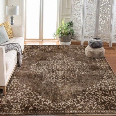 Coolmee Vintage Area Rug Washable Living Room Carpet Non Slip Bedroom Indoor Office Low Pile Traditional Distressed Retro Accent Rug for Dining Room