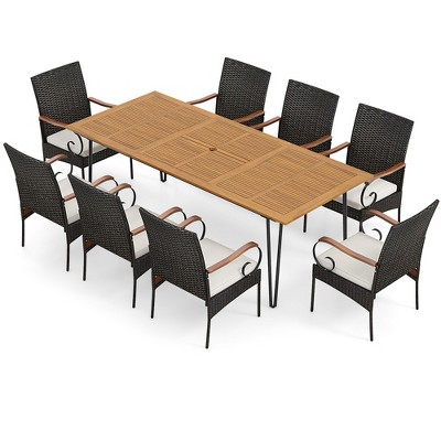 Tangkula 9 PCS Outdoor Patio Dining Set Acacia Wood Square & Table Armchairs Set of 8