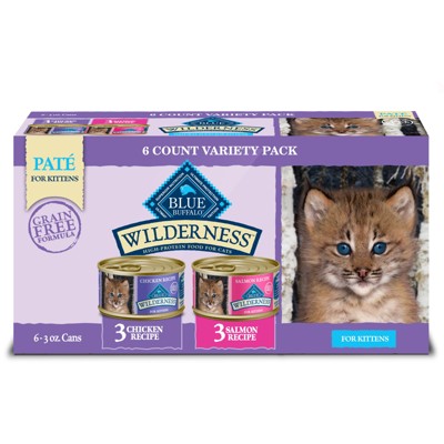 Blue Buffalo Wilderness High Protein Grain-Free Natural Kitten Pate Wet Cat Food Variety Pack with Chicken & Salmon - 3oz/6ct