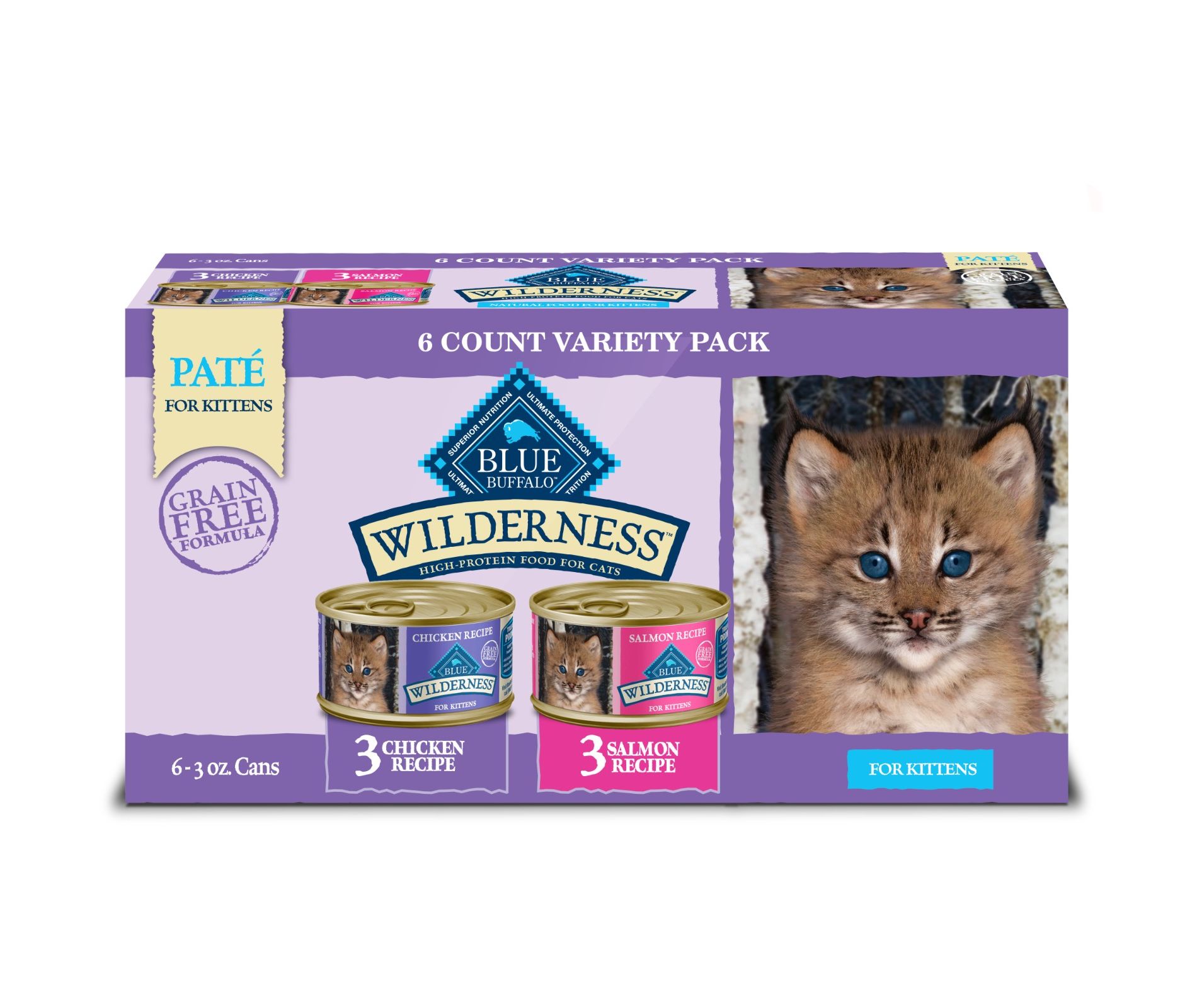 Blue Buffalo Wilderness High Protein Grain-Free Natural Kitten Pate Wet Cat Food Variety Pack with Chicken & Salmon - 3oz/6ct