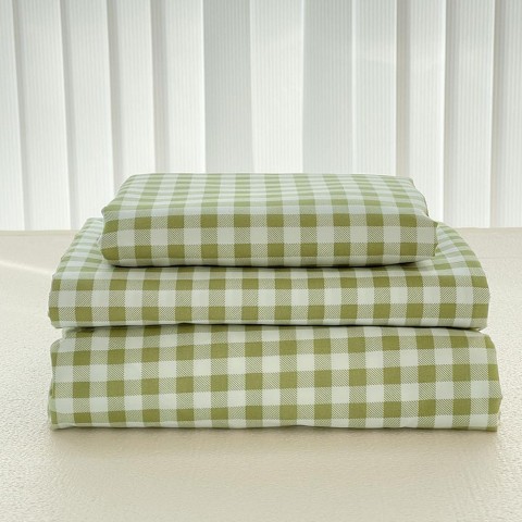 Der Rose BALHAM TRADE-Sage Green Gingham 4Pieces Queen Size Sheet Set, Grid Deep Pocket Bed Sheets Green Gingham Queen 90"x102"