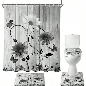 4 Piece Black and White Floral Shower Curtain Set Gray Flower Rustic 60Wx72L Curtains Decor with Non - Slip Rugs Toilet - 1 of 4