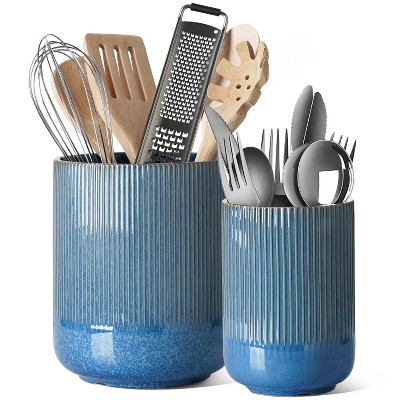 LunaLulinlk Cutlery Holder, 7.3" + 5.4" Ceramic Cutlery Jars, Pots and Home Accessories, 2-Pack, Glazed Blue Cutlery Storage