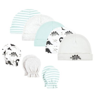 Hudson Baby Unisex Baby Cotton Cap and Scratch Mitten Set, Neutral Dino, 0-6 Months