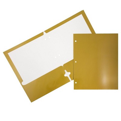 JAM Paper Laminated Glossy 3 Hole Punch Two-Pocket School Folders Gold 385GHPGOC