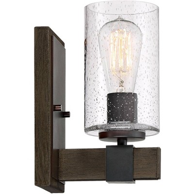 Bronze and Wood Grain Industrial Wall Sconce with Seedy Glass Shade