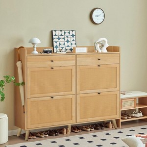 Rattan Shoe Cabinet with 4 Flip Drawers and 2 Drawers, Farmhouse Entryway Table Shoe Cabinet, Particle Board Construction, Pine Wood Imitation Rattan - 1 of 4