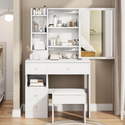 NicBex Vanity Desk with Mirror Small Vanity with Sliding Mirror, Compact Makeup Table with Cushioned Stool, Multi Layer High Capacity Storage