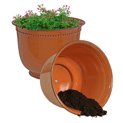 Chestnut Glaze Medium Iron Indoor/Outdoor Planter Set with Drainage Holes