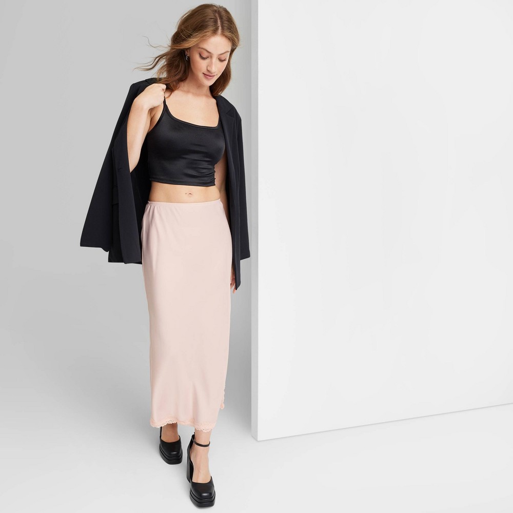 Women's Satin Lace Trim Midi Skirt - Wild Fable™ Pink L