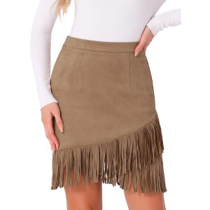 Allegra K Women's Faux Suede Stretch Fringe Trim High Waist Vintage Mini Skirt - 1 of 4