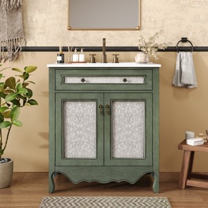 Christopher Knight Home Rein 30" Antique Bathroom Vanity with Ceramic Sink and Tip-Out Tray, Antique Green/White - 1 of 4