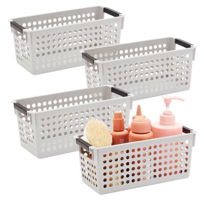 Gray Plastic Rectangular Storage Baskets with Handles, Set of 4