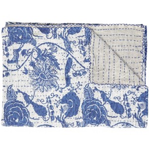 50" X 70" Blue And White Floral Cotton Quilted Kantha Throw Blanket with Embroidery - 1 of 4