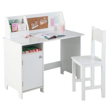 Costway Kids Study Desk with Chair, Whiteboard, Marker, Hutch, Storage Cabinet Purple/White