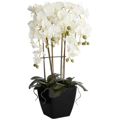 Dahlia Studios Potted Faux Artificial Flowers Realistic White Phalaenopsis Orchid in Black Pot for Home Decoration 25 1/2" High