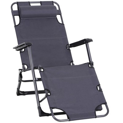 Outsunny 2-in-1 Folding Patio Lounge Chair w/ Pillow, Outdoor Portable Sun Lounger Reclining to 120°/180°, Oxford Fabric