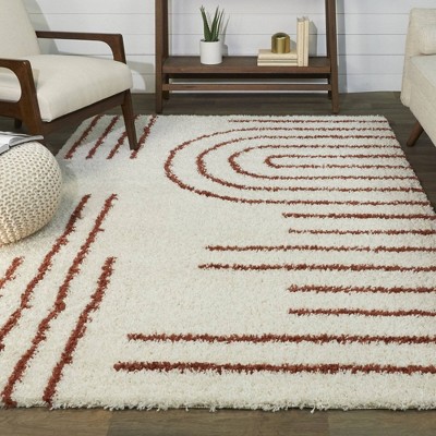 Janus Burnt Orange and Beige Geometric Shag Rug 8' x 10'