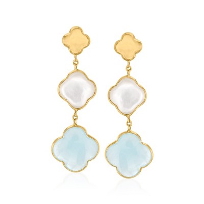 Ross-Simons Italian Mother-Of-Pearl and 5.00 ct. t.w. Aquamarine Clover Drop Earrings in 14kt Yellow Gold