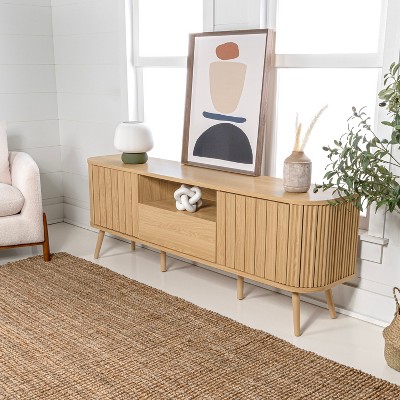 Damien 70" Oak Farmhouse Curved TV Stand with Drawer and Storage Doors