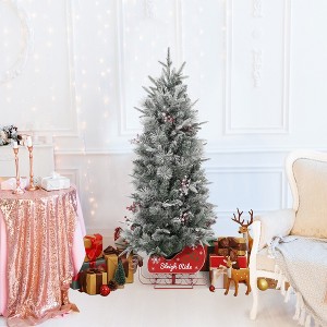 3FT Pre-Lit Artificial Christmas Tree, Small Porch Xmas Tree with 78 Warm Lights, Pine Cones & Red Berries, Sleigh Base - 1 of 4