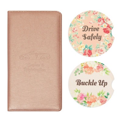 Zodaca 3 Pieces Car Registration and Insurance Holder with Floral Cup Coasters