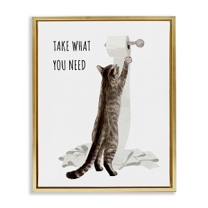 Stupell Industries Take What You Need Toilet Paper Cat Floating Frame Canvas Art, Gold, 17" x 21" - 1 of 4