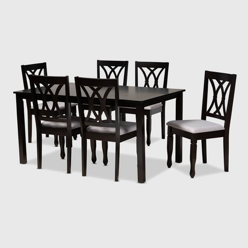 7pc Reneau Upholstered Wood Dining Set Sand Gray espresso Baxton