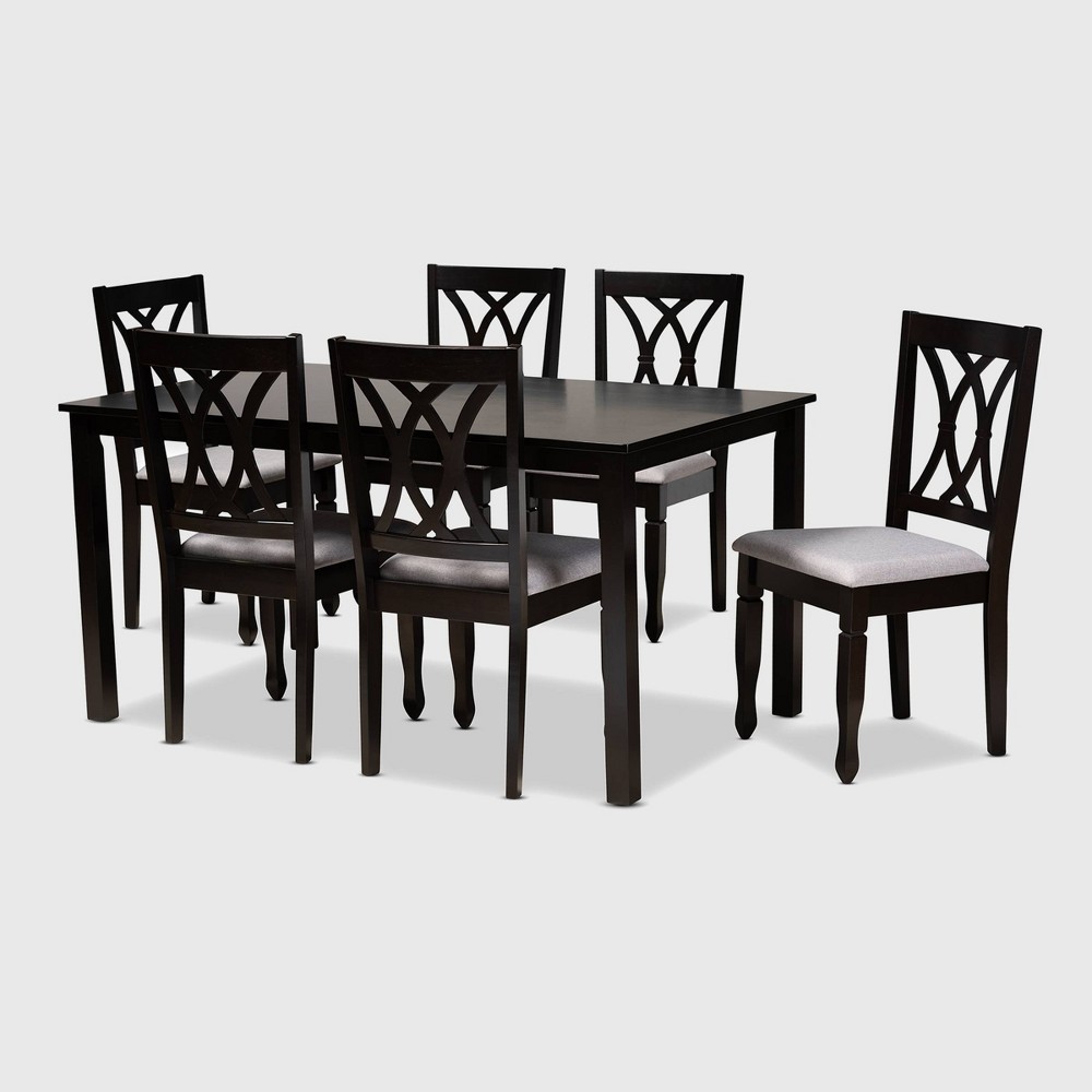 Photos - Dining Table 7pc Reneau Upholstered Wood Dining Set Sand Gray/Espresso - Baxton Studio