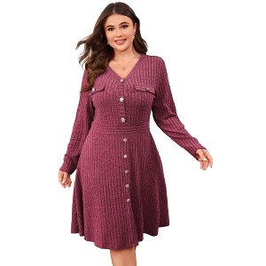 Plus Size Women's Ribbed Knit Midi Dress, Long Sleeve Button Down Belted Knee-Length Sweater Dress Red 3X - 1 of 4