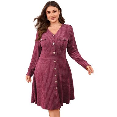 plus size red sweater dress Women's Ribbed Knit Knee-Length Button Front 1X 30Model is wearing 2x Plus Size Long Sleeve Rib
