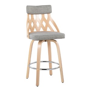 26" Mid-Century Modern Counter Stool with Swivel, Padded Fabric Seat, Natural Wood Lattice Back and Round Metal Footrest for Kitchen or Bar - 1 of 4