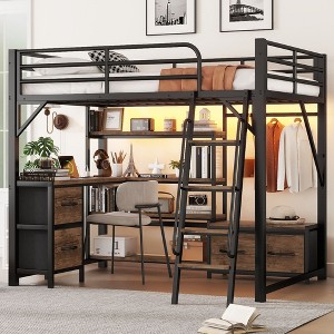 Sapphtopaz Metal Loft Bed with Desk & LED,Space-Saving Bed Frame with Storage Shelves&Wardrobe, Kids Adults Loft Bed for Small Space, Gray - 1 of 4