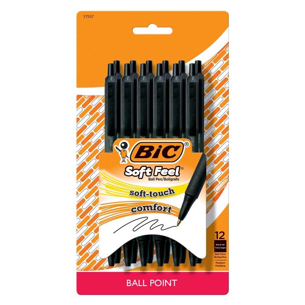 BIC Retractable Ballpoint Pen, 12ct - Black The BIC Soft Feel Retractable Ball Pen has a soft feel barrel for ultimate writing comfort and a special no-slip comfortable grip for all-day use. Its convenient click action offers precision performance. Available in 1.0 mm medium point in black, blue, and red ink and 0.8 mm fine point in black and blue ink.