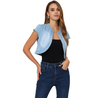 INSPIRE CHIC Women's Cap Sleeve Slim Fit Summer Open Front Crop Denim Jacket