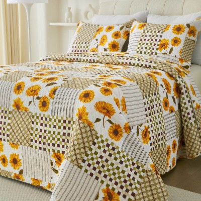 Acoinel Sunflower Patchwork Quilt Set - 3-Piece Reversible Bedspread with Pillow Shams, Queen Size Bedding(92"×96") — фото 4