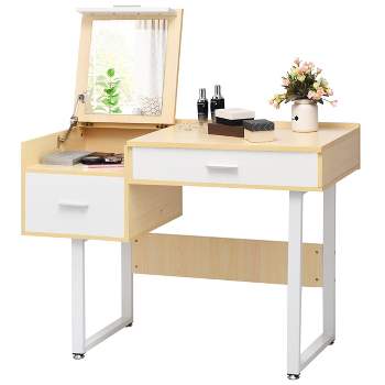 Tangkula Versatile Dressing Table Computer Desk Vanity Table with Flip Top Square Mirror
